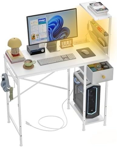 Jakyitvi 33.7" Computer Desk with Power Outlets, LED Lights & Drawer, Small Office Desk with Storage Bag & Hooks, Gaming Desk for Bedrooms or Home Office, Compact Study Desk for Small Spaces，White by Jakyitvi