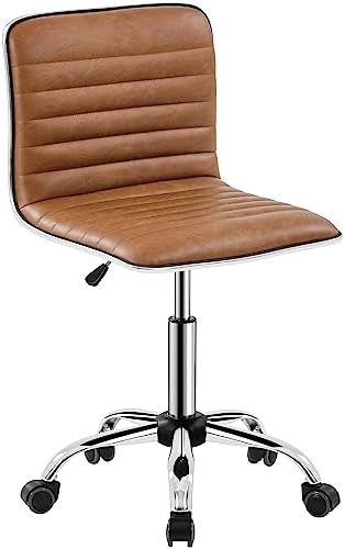 Yaheetech Retro Brown Armless Vanity Desk Chair with Wheels, Ribbed PU Seat by Yaheetech