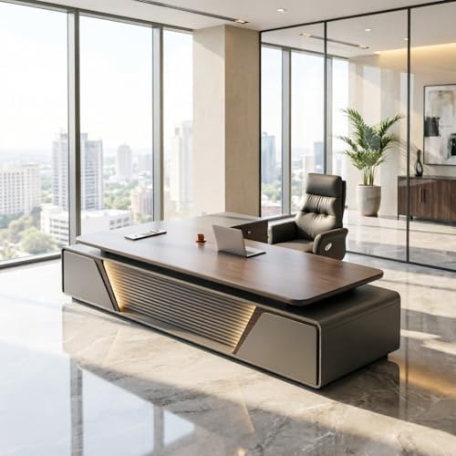 Executive Office Desk with Storage Cabinet,Modern l Shaped Executive Desk,50MM Thick Desktop for CEO Office, Reception & Commercial Workspace by Unknown