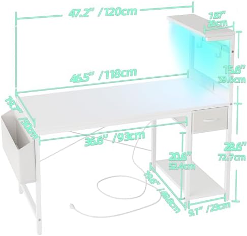 TIQLAB Gaming Desk 47 inch with Power Outlet and LED Light, Computer Desk with Reversible Shelves and Storage Drawer, Small PC Desk for Home Office Table with Bag, Carbon Fiber White - Image 3