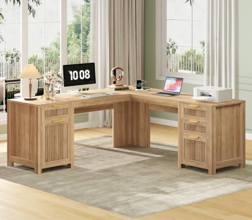 59" Fluted L Shaped Desk with Drawers & Storage Cabinet for Home Office - Image 3