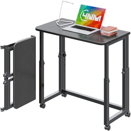 4NM No Tool Assembly 27.5" Small Desk, Folding Portable Desk with Wheels, Adjustable Height Foldable Computer Home Office Desks, Collapsible Study Writing Table for Space Saving Bedroom - All Black by 4NM