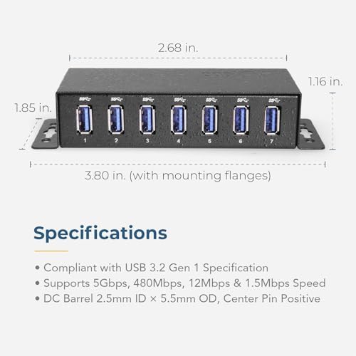 Coolgear 3.2 Gen 1 USB Hub - 7 Port USB Hub with 5Gbps Data Transfers, Mountable Metal Housing, 5V Power Adapter, ESD Surge Protection, Bus or Self Powered - Image 5