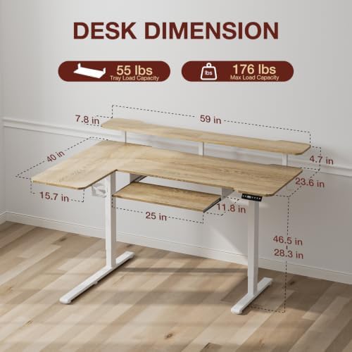 Acrolix 59" L Shaped Standing Desk with Shelves Keyboard Tray,Oak - Image 3