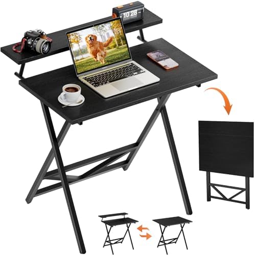 WOHOMO Folding Computer Desk with Monitor Stand, Adjustable Height, Black by WOHOMO