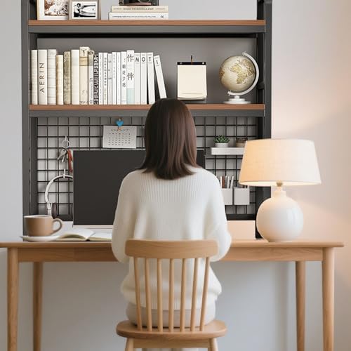 Desk Shelf Bookcase 1-Tier Metal Desktop Bookshelf Hutch with Grid Panel and DIY design possible Multipurpose Storage Organizer Display Rack for Dorm Office Home Computer Desk(Black 29.5"×7.9"×38.6") - Image 2