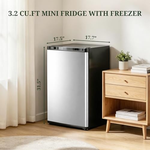 Mini Fridge with Freezer, 3.2 Cu.Ft Compact Single Door Refrigerator with Adjustable Thermostat, Low Noise & Energy Efficient (0.41kWh/Day), Small Fridge for Bedroom, Dorm, Office, Apartment (Silver) - Image 2