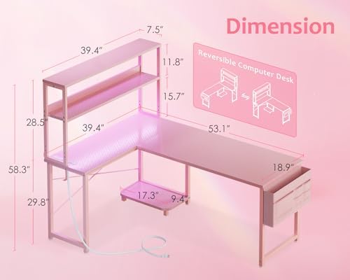 ODK 53" L Shaped Gaming Desk with Shelves, LED & Outlets, Pink - Image 3
