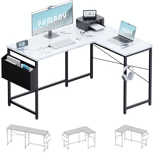 Pamray 47 Inch Reversible L Shaped Gaming Desk Corner Computer Desk with Storage Bag Home Office Table for Writing Study Marble by PAMRAY