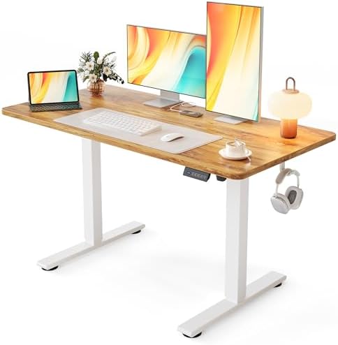 Cubiker Standing Desk, 48x24 Inches Sit Stand Home Office Desk, Electric Stand up Desk, Adjustable Desk with Splice Board, White Frame/Light Rustic Top by CubikerHomeOfficeFurniture