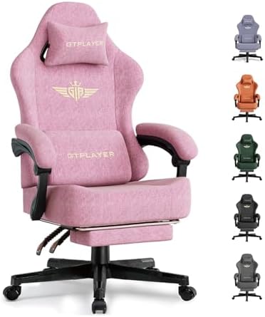 GTPLAYER Big and Tall Gaming Chair with Pocket Spring Cushion, High Back Ergonomic Computer Chair with Footrest for Adults Lumbar Support Swivel Game Chair for Office Gaming 350LBS, Fabric Pink by GTPLAYER