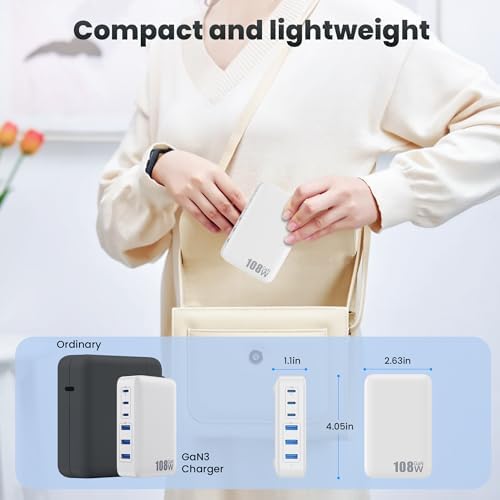 USB C Charger Block Charging Station,108W GaN III 6 Port 3xQC+3xPD Wall Charger Adapter Plug Cube,Super Fast Type C Charging Hub Box for iPhone 17 16 15 14 13 Pro Max iPad Samsung Pixel 5ft Cord-White - Image 6