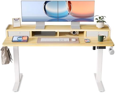 YIHAYO Electric Standing Desk with Drawers, 60 x 24 Inches Adjustable Desk with Storage Shelf, Computer Table with Splice Board for Home Office, White Frame/Natural Top by YIHAYO