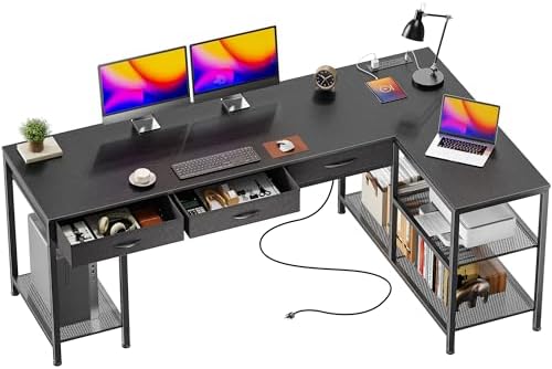 PRAISUN 63 Inch L Shaped Office Desk with Power Outlets and Type-C Port, Large Computer Gaming Desk with 3 Fabric Drawers, Mesh Shelves, Corner Study Work Writing Desk, Black by PRAISUN