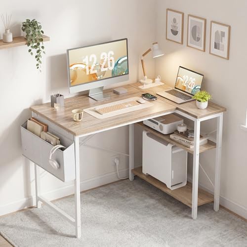 TIQLAB L Shaped Computer Desk with Power Outlets, 47 Inch Small Corner Desk with Reversible Shelves, Gaming Desk Computer Table Study Writing Table for Home Office Bedroom Small Space, Maple - Image 2