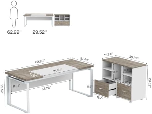 Tribesigns L-Shaped Executive Desk with Reversible File Cabinet, 63" Office Desk with Storage Drawers, L-Shaped Computer Desk with Drawer Cabinet for Hanging Letter Size Files,Gray & White - Image 2