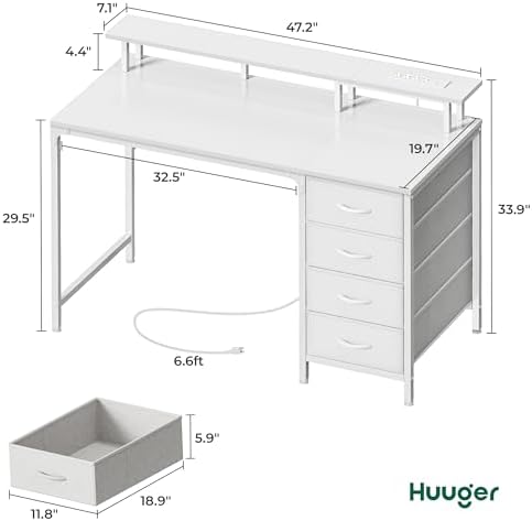 Huuger 47 Inch Computer Desk with Power Outlets and LED Lights, Gaming Desk with 4 Drawers, Office Desk with Monitor Stand, Study Work Home Office, Small Spaces, White - Image 2