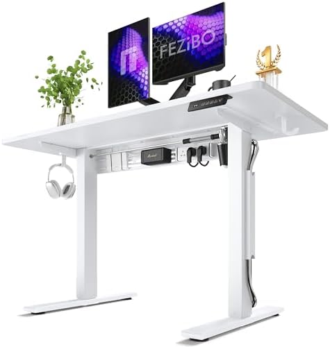 FEZIBO Electric Standing Desk with L-Shaped Crossbar & Cable Management System, 48 x 24 Inches Sit Stand up Desk, Adjustable Height Standing Desk for Home Office, White by FEZIBO