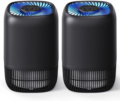 2 Packs of Air Purifiers for Home Bedroom, High Efficience Filter for Dust Pollen Smoke Odors, with Fragrance Sponge Night Light Vital Breeze Timer 22dB, Office Desktop Small Room, DH-JH12 Black by VOOPNU
