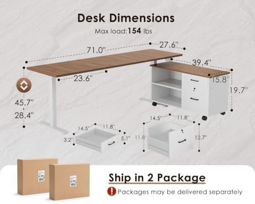 OffiGo 71" L Shaped Electric Standing Desk with Cabinet Sets, Walnut/White - Image 3