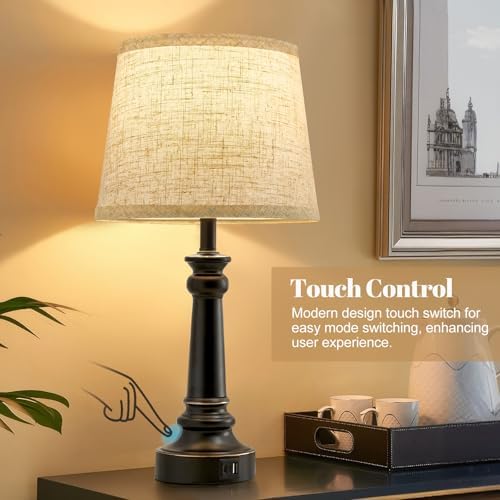 EJIAXIN Touch Lamps for Nightstand Set of 2 - Black Table Lamp for Bedroom Dimmable Bedside Lamp with USB C+A Ports - Lamps for Night Stands Living Room End Table,2 LED Bulbs Included - Image 5