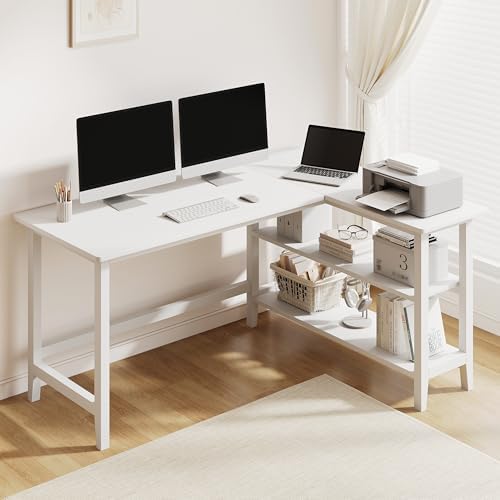 IOTXY 53" Reversible L-Shaped Office Desk with Storage Shelves, White by IOTXY