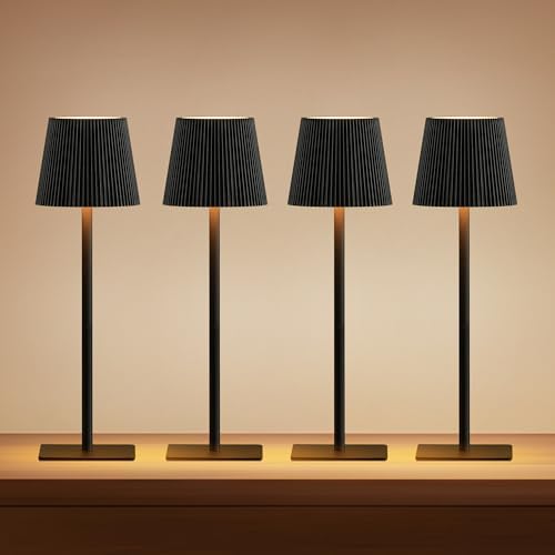 LUTEC 4 Pack Cordless Table Lamp,6000mAh Rechargeable Battery Operated Desk Lamp,Two Adjustable Heights,Waterproof, Touch Control & 3 Color Stepless Dimming for Restaurant/Bedroom/Bars/Outdoor (Black) by LUTEC