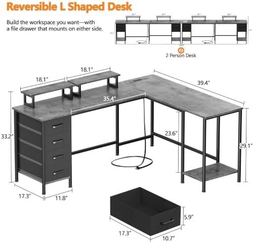 Korfile 66" L Shaped Computer Desk, 94.4'' Home Office Desk with Power Outlets, 4 Adjustable Storage Drawers & 2 Monitor Stands, Large Two Person Gaming Table for Writing Study, Grey - Image 3