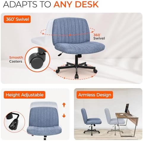 Orange Factory Criss Cross Chair, Wide Fabric Vanity Desk Seat, Blue Wheel - Image 6