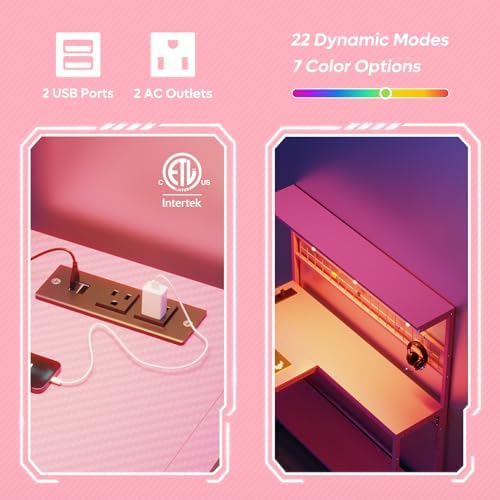 Bestier 51" L Gaming Desk with Power Outlets LED Lights, Carbon Fiber Pink - Image 4