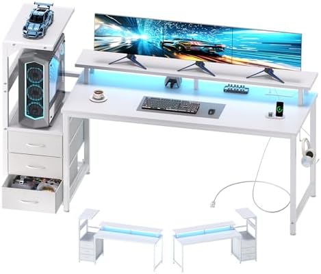DUMOS 59” Reversible Gaming Computer Desk with Drawers and Power Outlet by DumosLifestyle