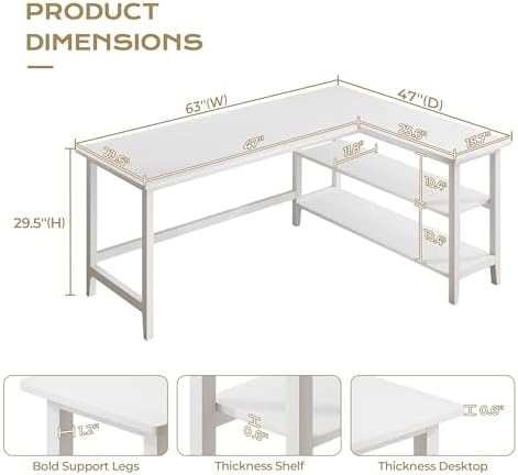 IOTXY 63" Reversible L-Shaped Office Desk with Storage Shelves, White - Image 2