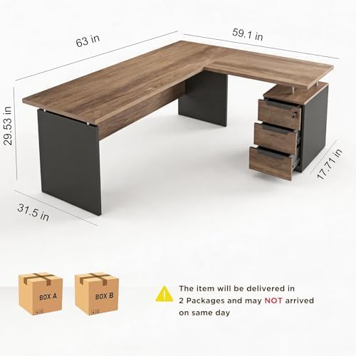 63 Inch L-Shaped Executive Desk Set of 2, Industrial Modern Wood Office Desk with 3 Drawers, Built-in Cable Management & Power Outlet, Real Wood Finish, Reversible Left/Right Return Home Workstation - Image 2