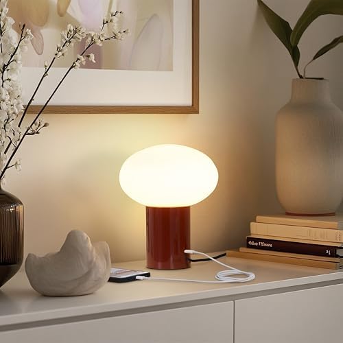 Brightech Ivy LED Table Lamp - Small 9” Bedside Reading Lamp, Modern USB Desk and Nightstand Light with Ambient Lighting for Bedroom, Living Room, Office - Frosted Glass Globe Lamp Shade, Red - Image 2