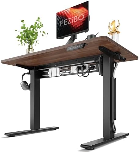 FEZIBO Electric Standing Desk with L-Shaped Crossbar & Cable Management System, 40 x 24 Inches Sit Stand up Desk, Adjustable Height Standing Desk for Home Office, Black Walnut by FEZIBO