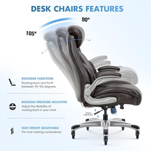 COLAMY Office Ergonomic Desk High Back Executive Chair with Pop-Out Lumbar Support, Upgraded Casters, Adjustable Headrest, Flip-Up Arms, Leather Home with Thick Cushion for Comfort - Brown - Image 6