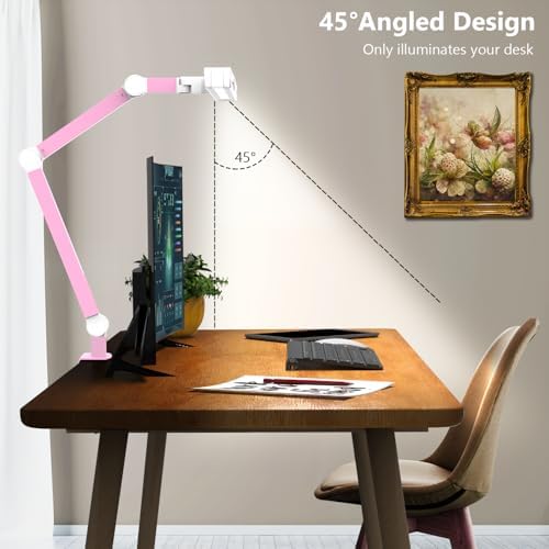Micomlan Architect Desk Lamp for Home Office, Pink Desk Lamp with Clamp for Working, 24W Bright Rotatable Led Table Light Stepless Dimming Tempering Wide Computer Light for Crafting Puzzle Hobby - Image 5