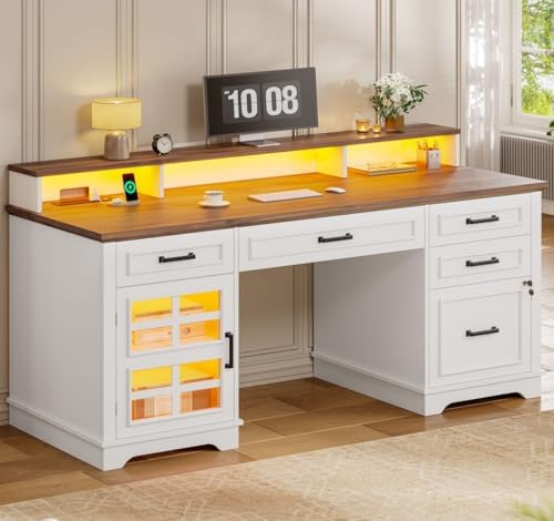 UPOSOJA 60'' Farmhouse Executive Desk with Drawers, Home Office Desk with Power Outlet & LED Light, Wood Computer Desk with Monitor Stand, Locking File Drawer, Glass Storage Cabinet, Hooks, White by UPOSOJAWishesYouaNiceDay