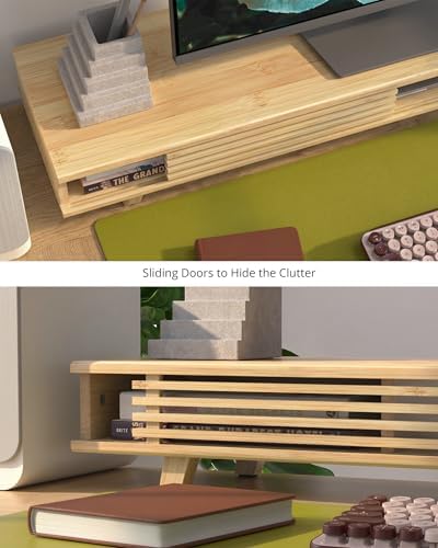 Bamboo 42” Dual Monitor Stand with Sliding Doors Desk Shelf - Image 3
