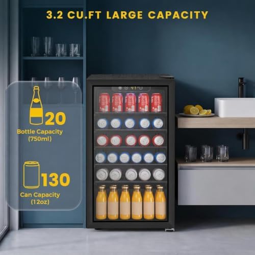 COWSAR Mini Fridge Cooler, 130 Can Beverage Refrigerator with Glass Door, ETL Approved Wine Fridge with Digital Temperature Control, LED Light, Reversible Door for Home, Office, Bar - 3.2 Cu.Ft - Image 3