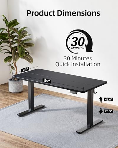 TIQLAB Standing Desk 55 x 24 inch, Electric Height Adjustable with Splice Board, Stand Up Desk, Sit Stand Desk Computer Desk for Home Office, Black Frame/Black Top - Image 3