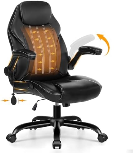 Ylzyxal Office Desk Chair, Ergonomic Computer Chair with Padded Flip-Up Arms and Adjustable Lumbar Support, PU Leather Executive Chair with Tilt Lock and 360° Swivel Rolling Wheels for Work, Study by Designedforcomfort