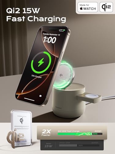 THREEKEY 4 in 1 Qi2 Magnetic Wireless Charging Station, 15W Fast Charger with Made for Apple Watch Charging Module, for iPhone 17–12 Series & AirPods, 65W Adapter Included - Image 4
