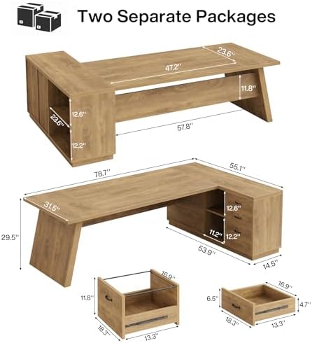 Tribesigns 78" L-Shaped Executive Desk, Large Modern Office Desk with Drawers and Lateral File Cabinet, Business Furniture with Storage Shelves, Big Computer Table for Home Office (Brown) - Image 2