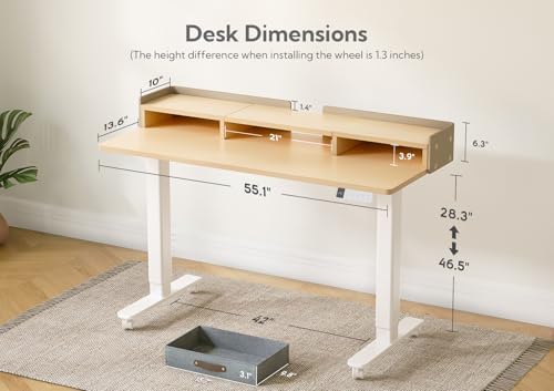 Claiks Standing Desk with Drawers & Wheels, 2 Height Shelf 55" Natural - Image 3