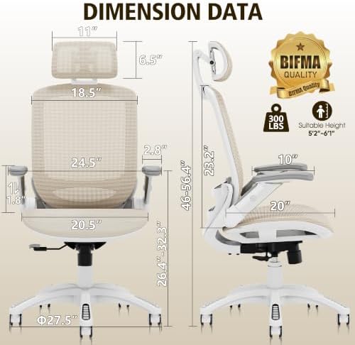 GABRYLLY Ergonomic Office Chair, High Back Home Desk Chair with 2D Flip-Up Arms, 3D Headrest, 90-120° Tilt and Wide Cushion, Big and Tall Mesh Chairs for Man Woman, Computer Task Chair Beige - Image 3