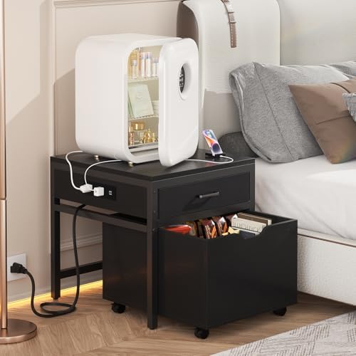 Unikito Mini Fridge Stand with Drawer Storage & Power Outlet, Black - Image 2