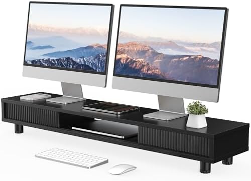 Fenge Dual Monitor Stand with Storage, Desk Shelf with Glass Sliding Door by Fenge