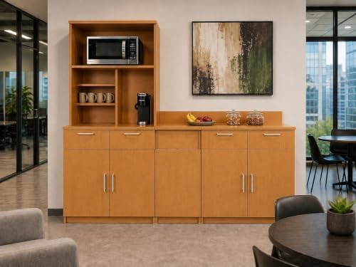 BREAKtime Breakroom Cabinet with 4-Door Storage, Trash Bin Compartment & Upper Hutch, Microwave Space, Fully Assembled, 90" W x 24" D x 75" H, Trash Bin Included, Appliances Not Included, Beech - Image 2
