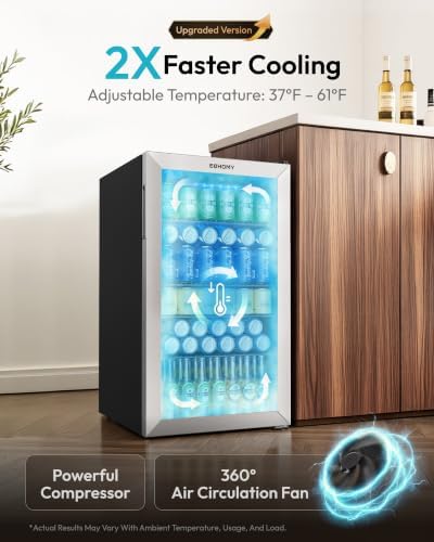 EUHOMY 130 Can Mini Fridge, Beverage Refrigerator with Glass Door, Silver - Image 2